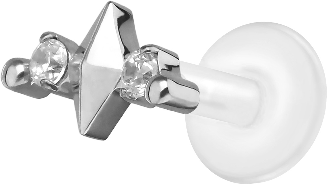 PTFE Labret Piercing mit Innengewinde + Titan-Aufsatz RAUTE + 2 KRISTALLE
